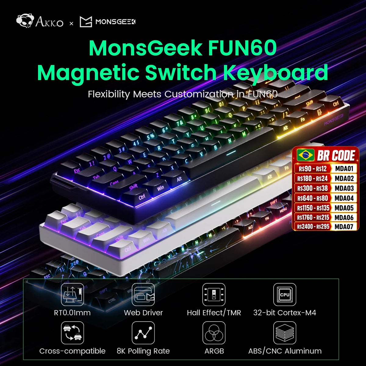 Akko MonsGeek FUN60 Mechanical Keyboard Magnetic Switch 60% Gaming Keyboards Rapid Trigger 0.01mm 8K ARGB HE/TMR Custom Keyboard