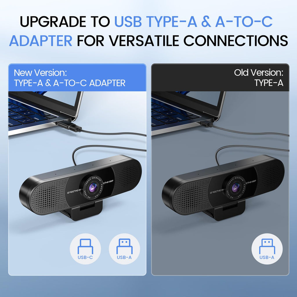 EMEET 1080P Webcam with Microphone, C960 Web Camera, 2 Mics, 90° FOV, USB Type-A & A-to-C Adapter, Plug&Play Computer Camera for Online Calling/Conferencing, Zoom/Teams/Facetime/YouTube, 2025 Version
